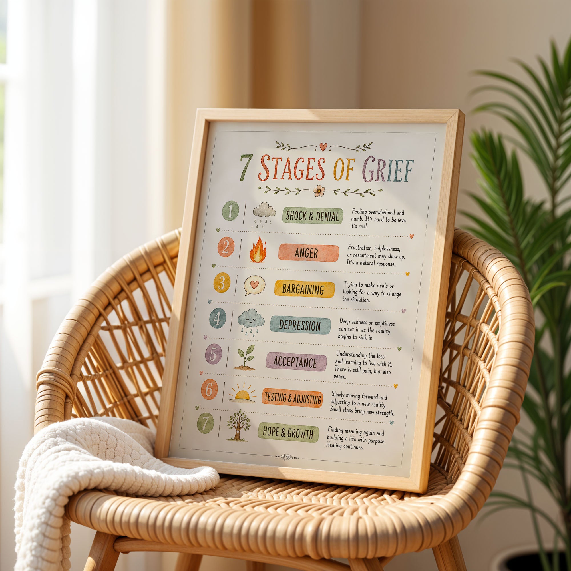 7 Stages of Grief Poster Counseling Office Education Chart