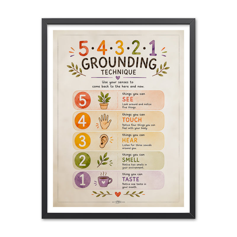 Illustrated 5 4 3 2 1 grounding technique poster listing five things to see, four to touch, three to hear, two to smell, and one to taste.
