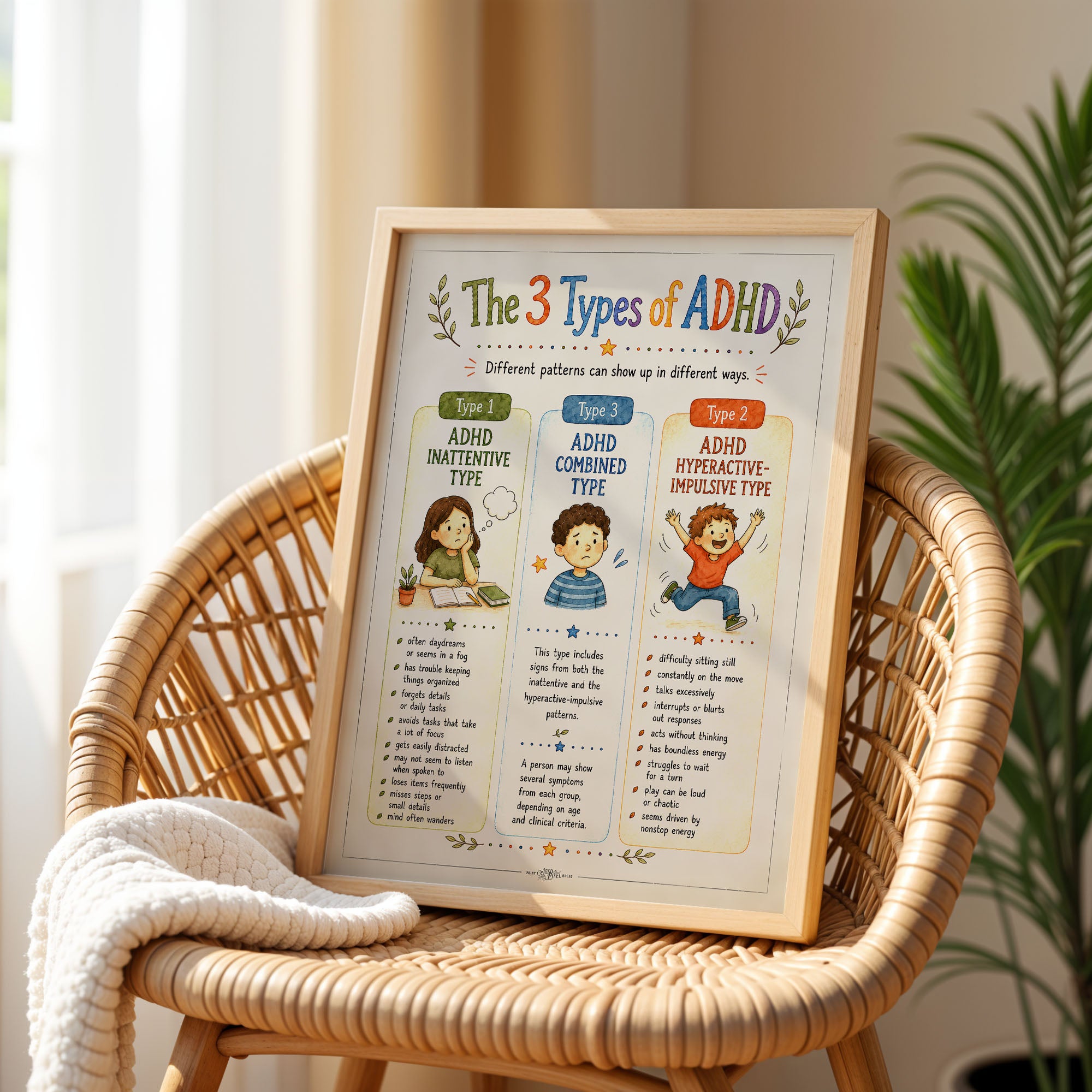 3 Types of ADHD Poster Inattentive Combined Hyperactive Chart