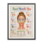 Watercolor face muscle map poster showing a labeled front view of facial muscles with numbered callouts for frontalis, temporalis, orbicularis oculi, zygomaticus, buccinator, masseter, orbicularis oris, and platysma.