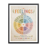 Colorful feelings wheel poster with six core emotions labeled Happy, Confident, Calm, Sad, Fearful, and Angry and more specific feeling words around the outer ring.