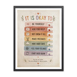 Illustrated poster titled It Is Okay To with seven stacked book spines reading be yourself, ask for help, not know it all, make mistakes, have hard days, feel your feelings, and start over again.