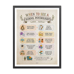 Illustrated poster titled When to See a School Psychologist with ten reasons for support such as worry, focus problems, grade changes, peer conflict, and school transitions.