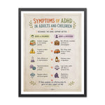 Illustrated poster titled Symptoms of ADHD in Adults and Children comparing childhood and adulthood patterns such as academic struggles, work difficulties, impulsivity, and feeling stuck.